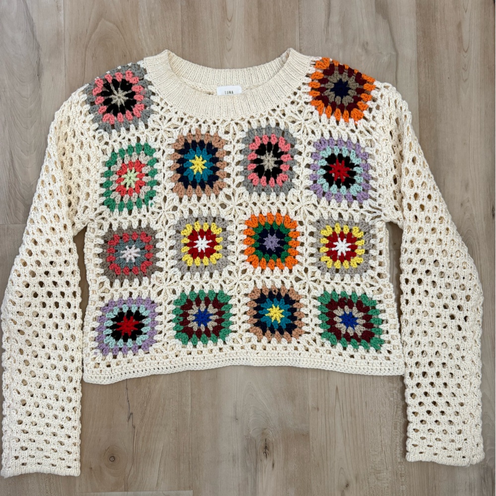 Luna and Ivy Granny, Bohemian Crochet Sweater Size L